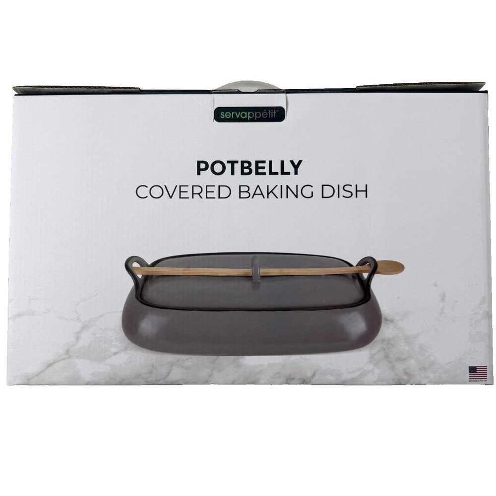 Servappetit Potbelly Covered Baking Dish Gray Ceramic w/Lid and Spoon 9 x 15 in - Picture 8 of 10
